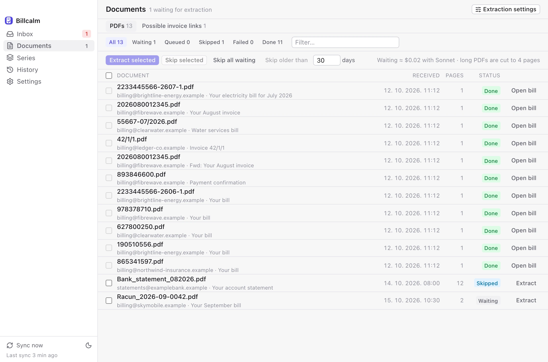 The Documents screen: every PDF found in the mailbox, who sent it, when it arrived and whether it has been read.