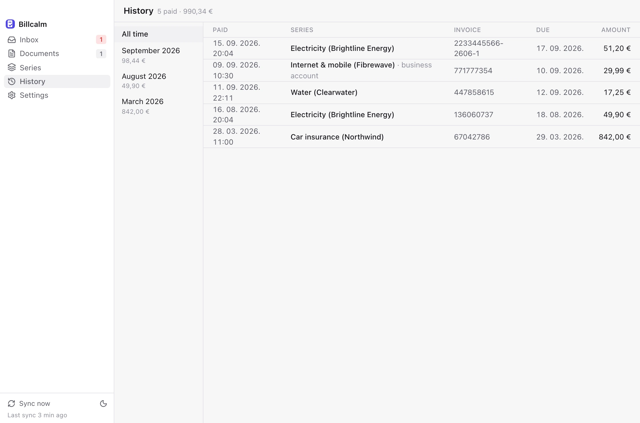 Payment history in Billcalm: each paid bill with the date it was paid, grouped by month.