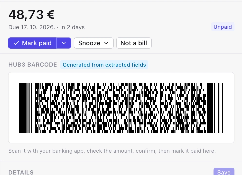 The payment code for a bill of 48,73 euros, ready to scan with a banking app, next to the Mark paid button.